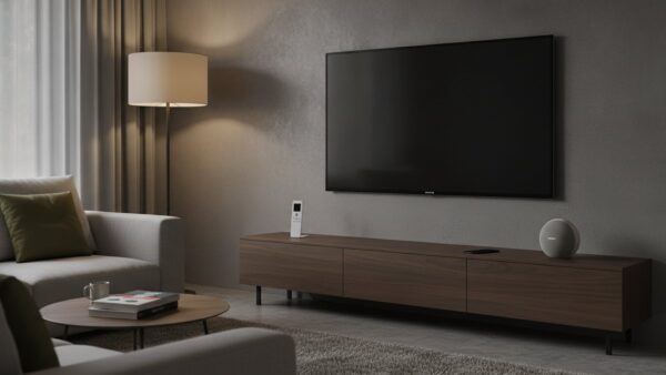 amazon music login bild 2 Wohnzimmer mit ausgeschaltetem Fernseher, Fernbedienung, kleinem Lautsprecher und Smartphone auf dem Lowboard