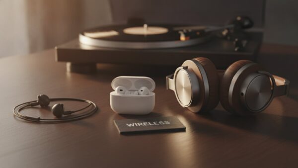 amazon music login bild 3 Drei Kopfhörer-Varianten nebeneinander auf einem Holztisch, dahinter ein Plattenspieler