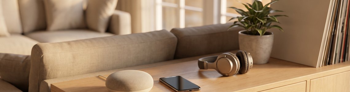 Wohnzimmer-Sideboard mit kleinem Lautsprecher, Smartphone, Kopfhörern und Schallplatten