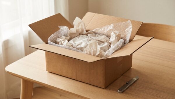 amazon outlet bild 2 Geöffneter Versandkarton mit Seidenpapier und Luftpolsterfolie