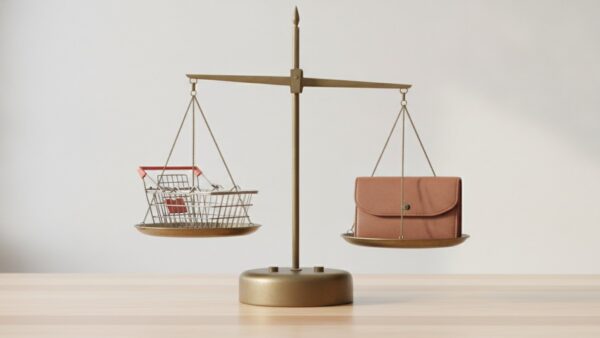 Balkenwaage mit leerem Einkaufskorb auf der einen und geschlossener Geldbörse auf der anderen Schale