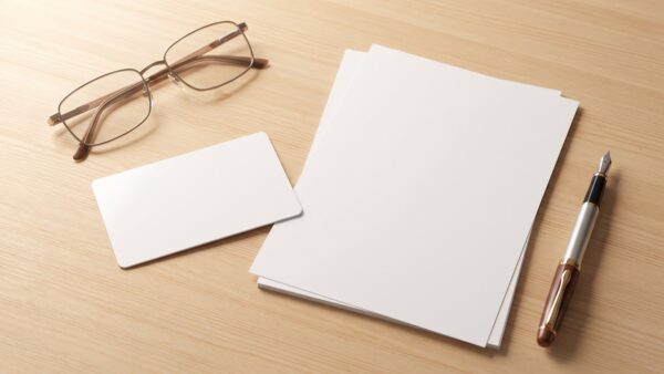 Blanko Plastikkarte neben unbedruckten Blättern, Brille und Füller