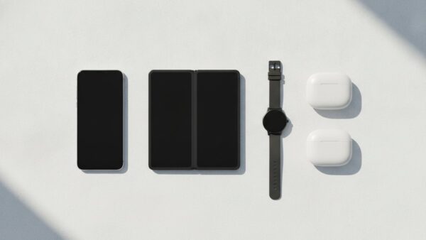 apple keynote bild 2 Smartphone, faltbares Geraet, Armbanduhr und Ladeetuis nebeneinander auf heller Steinplatte