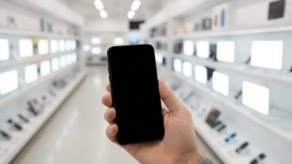 apple keynote bild 3 Hand haelt ein Smartphone vor einer unscharfen Regalreihe im Elektronikmarkt