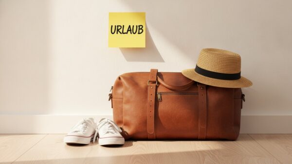 arbeitstage jahr brueckentage Wandkalender mit markierten BrĂĽckentagen und gepackter Reisetasche fĂĽr die Urlaubsplanung
