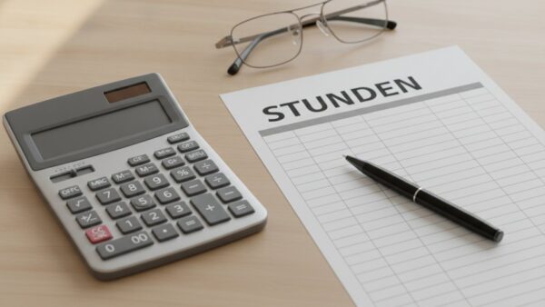 arbeitstage jahr monatsrechnung Schreibtisch mit Monatskalender, Taschenrechner und Stundenzettel zur Berechnung der Arbeitstage pro Monat