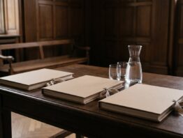 Drei zugebundene Aktenmappen auf einem dunklen Holztisch in einem vertäfelten Saal