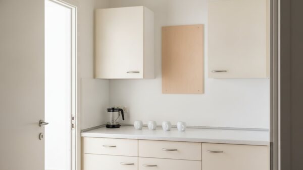 arbeitszeitbetrug bild 3 Leere Betriebsküche mit Glaskanne, umgedrehten Tassen und einem leeren Wandbrett