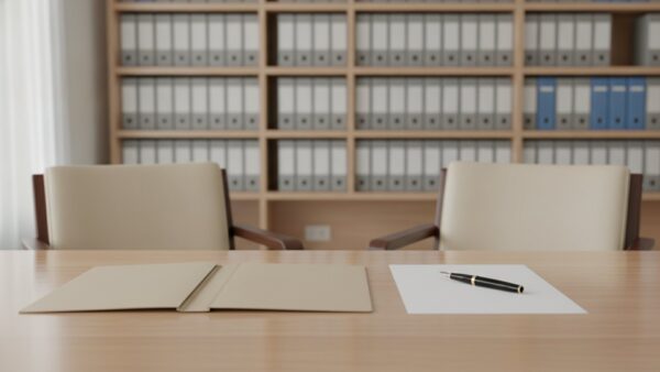 arbeitszeitbetrug bild 4 Besprechungstisch mit zwei leeren Stühlen, offener Dokumentenmappe und leerem Blatt