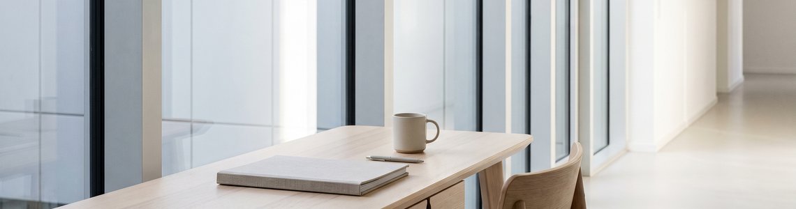 Leerer aufgeräumter Büro-Arbeitsplatz aus hellem Holz vor einer Fensterfront im Morgenlicht