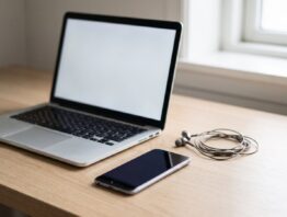 Laptop mit leerem Bildschirm, Smartphone und Kopfhörer auf einem hellen Schreibtisch