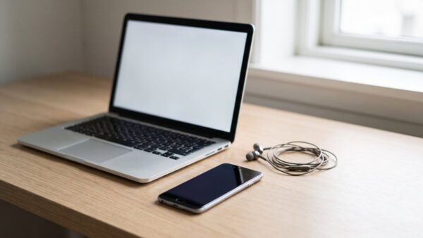 audible login bild 1 Laptop mit leerem Bildschirm, Smartphone und Kopfhörer auf einem hellen Schreibtisch