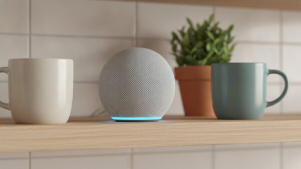 audible login bild 2 Kleiner smarter Lautsprecher mit leuchtendem Ring auf einem KĂĽchenregal zwischen Tassen und einer Pflanze