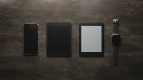 audible login bild 3 Smartphone, Tablet, E-Book-Reader und Smartwatch mit dunklen Bildschirmen auf einem Holztisch, ein Gerät abseits gelegt