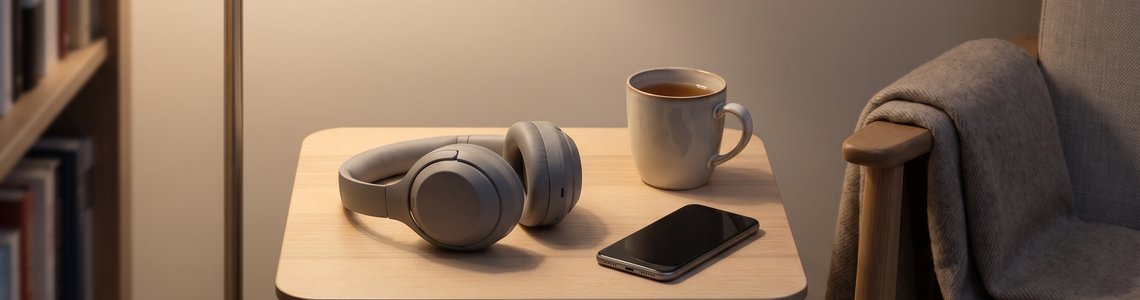 Kopfhörer und Smartphone mit leerem Display auf einem Beistelltisch neben einem Lesesessel am Abend