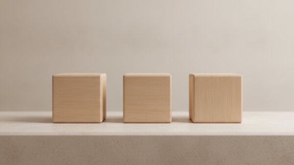 auswandern steuer bild 2 Drei glatte unbeschriftete Holzwürfel nebeneinander auf einer hellen Steinplatte