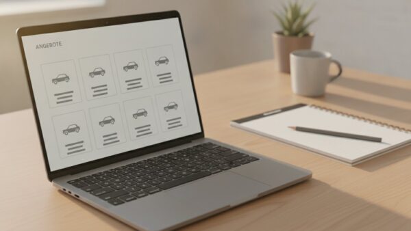 auto leasing oder kaufen angebote Leasing-Angebote vergleichen: Laptop mit einer Liste aus Fahrzeugkacheln