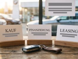 Auto-Leasing oder Kaufen: drei Karten mit Kauf, Finanzierung und Leasing neben einem Autoschlüssel