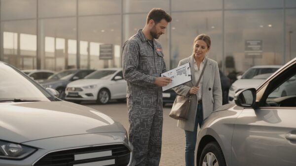 auto leasing oder kaufen rueckgabe Leasing Rückgabe: Mitarbeiter mit Klemmbrett prüft die Stoßstange eines Kompaktwagens