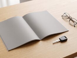 Aufgeklapptes graues Dokumentenheft mit leeren Seiten neben einem Autoschlüssel