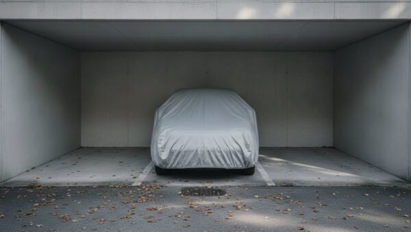 auto rueckruf bild 2 Mit grauer Plane verhülltes Auto in einem leeren Carport aus Beton