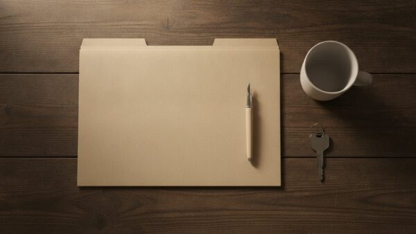 auto rueckruf bild 3 Geschlossene beige Mappe mit Füllfederhalter, Autoschlüssel und leerer Tasse