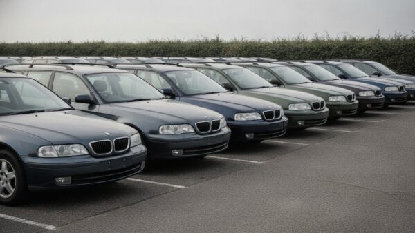 auto rueckruf bild 4 Reihe gebrauchter Limousinen und Kombis auf einem asphaltierten Platz