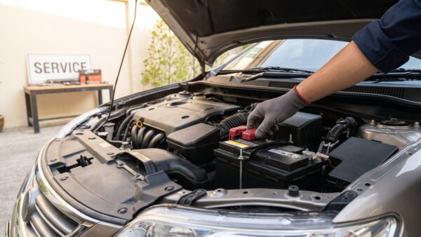 Starterbatterie im Motorraum eines Pkw wird von Hand geprüft