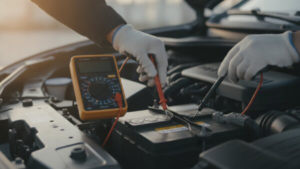 Multimeter misst die Ruhespannung an den Polen einer Autobatterie