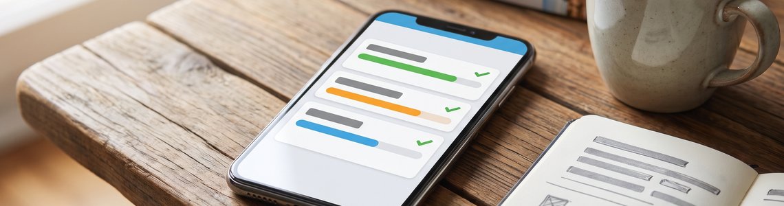 Babbel oder Duolingo: Smartphone mit Sprachlern-App neben Notizbuch und Kaffee