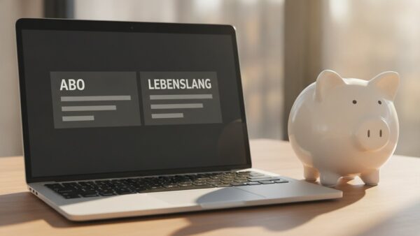 babbel oder duolingo kosten Babbel oder Duolingo Kosten: Laptop mit Abo und Lebenslang neben einem Sparschwein