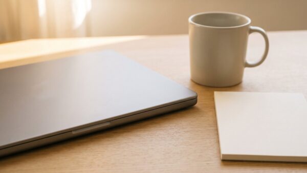 babyclubs willkommenspakete bild 2 Geschlossener Laptop neben Tasse und leerem Notizzettel