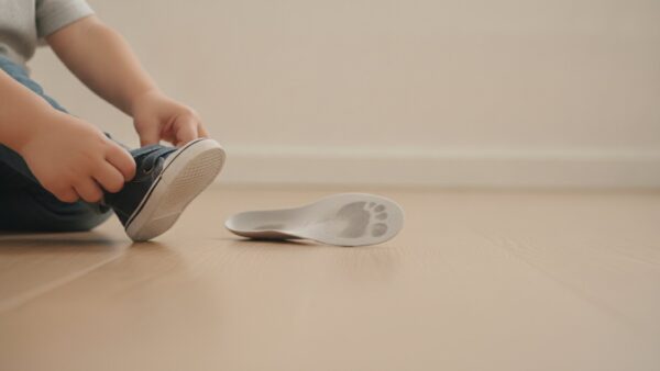 babyschuhe groesse zu klein Kleinkind zieht Schuh aus, daneben Innensohle mit Zehenabdruck als Test der Babyschuhe-GröĂe
