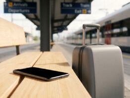 Smartphone mit schwarzem Bildschirm und Reisekoffer auf einer Bahnsteigbank