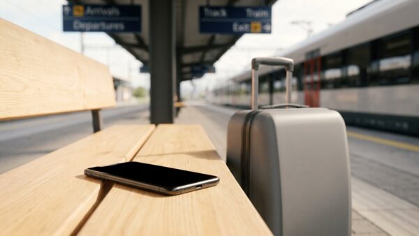 bahnbonus bild 1 Smartphone mit schwarzem Bildschirm und Reisekoffer auf einer Bahnsteigbank