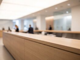 Heller Innenraum einer Bankfiliale mit schlichtem Tresen