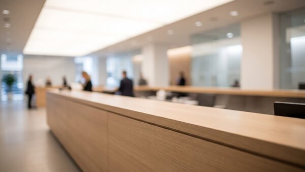 Heller Innenraum einer Bankfiliale mit schlichtem Tresen