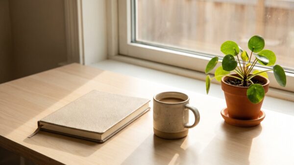 Aufgeräumter Schreibtisch mit Notebook, Kaffee und Pflanze am Fenster