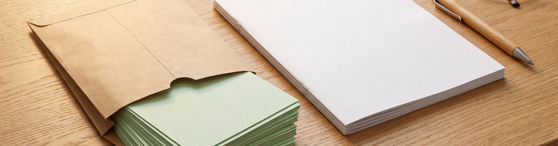 Brauner Umschlag mit Papierscheinen, leere Blätter und Kugelschreiber auf einem Holzschreibtisch