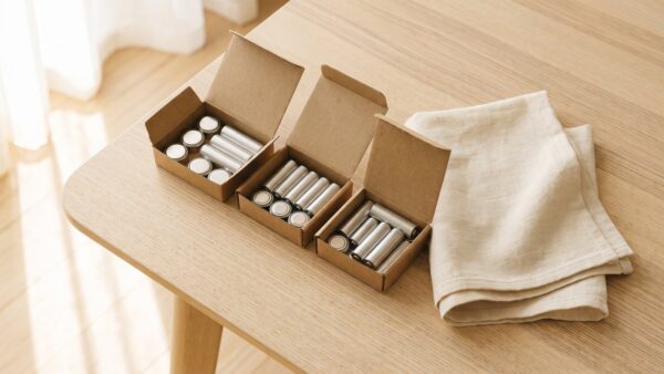 batterien richtig testen bild 2 Drei Schachteln mit sortierten Batterien auf einem Holztisch