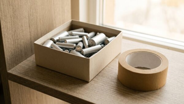 batterien richtig testen bild 3 Sammelbox aus Karton mit Batterien und einer Rolle Klebeband
