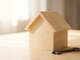 Hölzernes Modellhaus neben einem Schlüssel auf heller Holzfläche