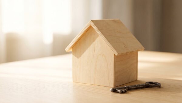 Hölzernes Modellhaus neben einem Schlüssel auf heller Holzfläche