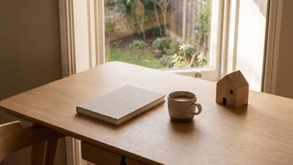 Schreibtisch mit Notebook, Kaffee und hölzernem Modellhaus