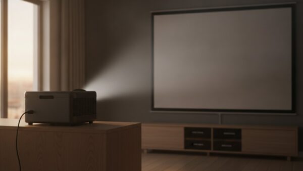 Beamer wirft Lichtkegel auf eine Projektionsleinwand im abgedunkelten Raum