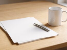 Stapel unbedruckter weißer Blätter mit Kugelschreiber und Tasse auf einem hellen Holztisch