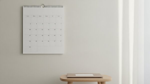beitragsbemessungsgrenze 2027 bild 4 Leerer Wandkalender ohne Beschriftung ĂŒber einem kleinen Beistelltisch mit geschlossener Mappe