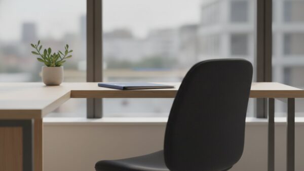 berufsunfaehigkeit bild 2 Leerer Bürostuhl vor einem aufgeräumten Schreibtisch am Fenster