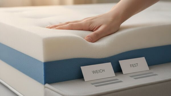 bett1 oder Emma: Hand drückt in den Schaumkern mit den Kärtchen weich und fest