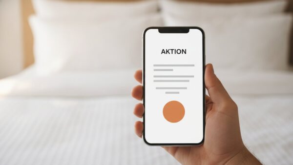 bett1 oder Emma sparen: Aktionshinweis auf dem Smartphone vor einem frisch bezogenen Bett